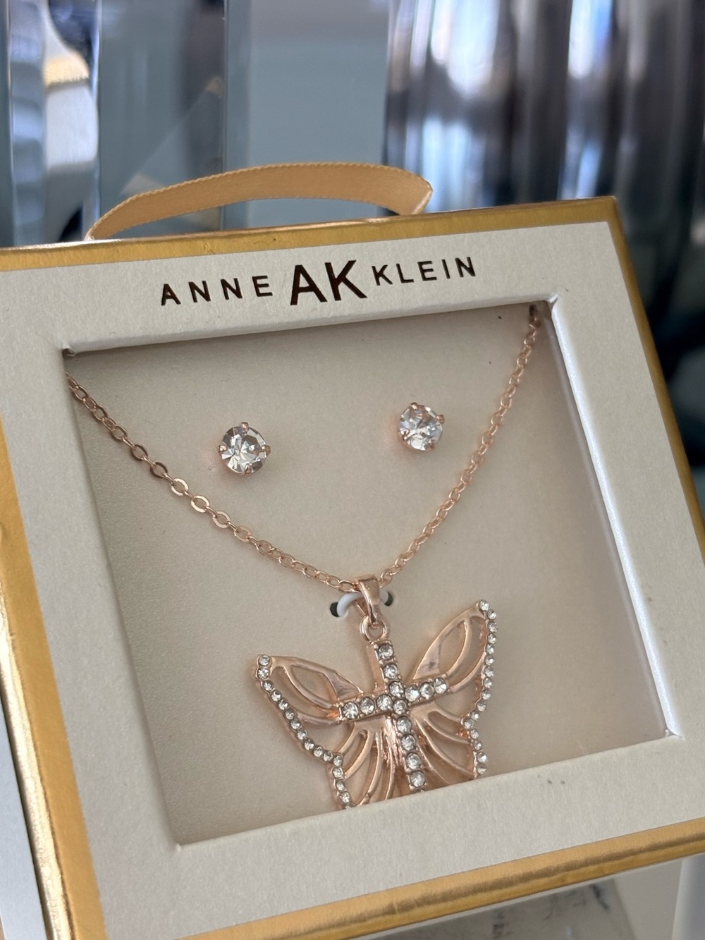 Anne Klein Rose Gold Butterfly Pendant Necklace & Studs Earrings